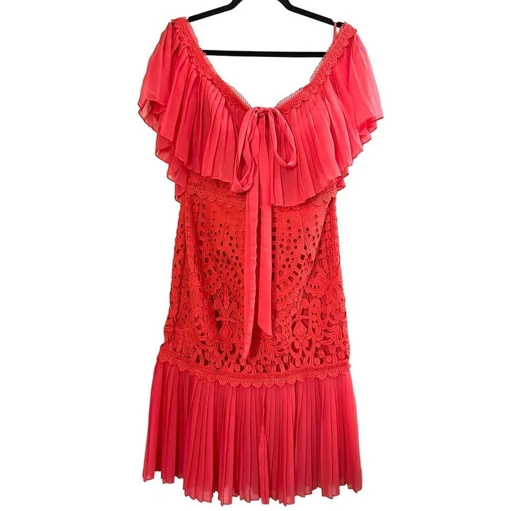TEMPERLEY LONDON Pink Coral Berry Lace Cocktail Dress Ruffle - Sz 8 - Picture 3 of 6